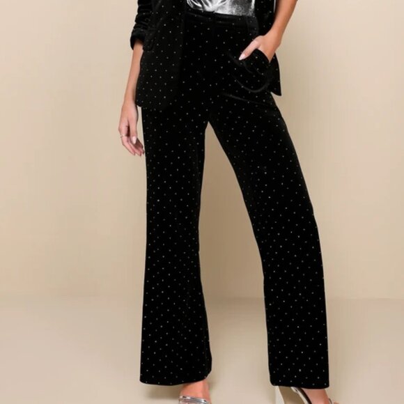 Lulu's Glamorous Statement Black Velvet Studded Wide-Leg Pants - Picture 1 of 8
